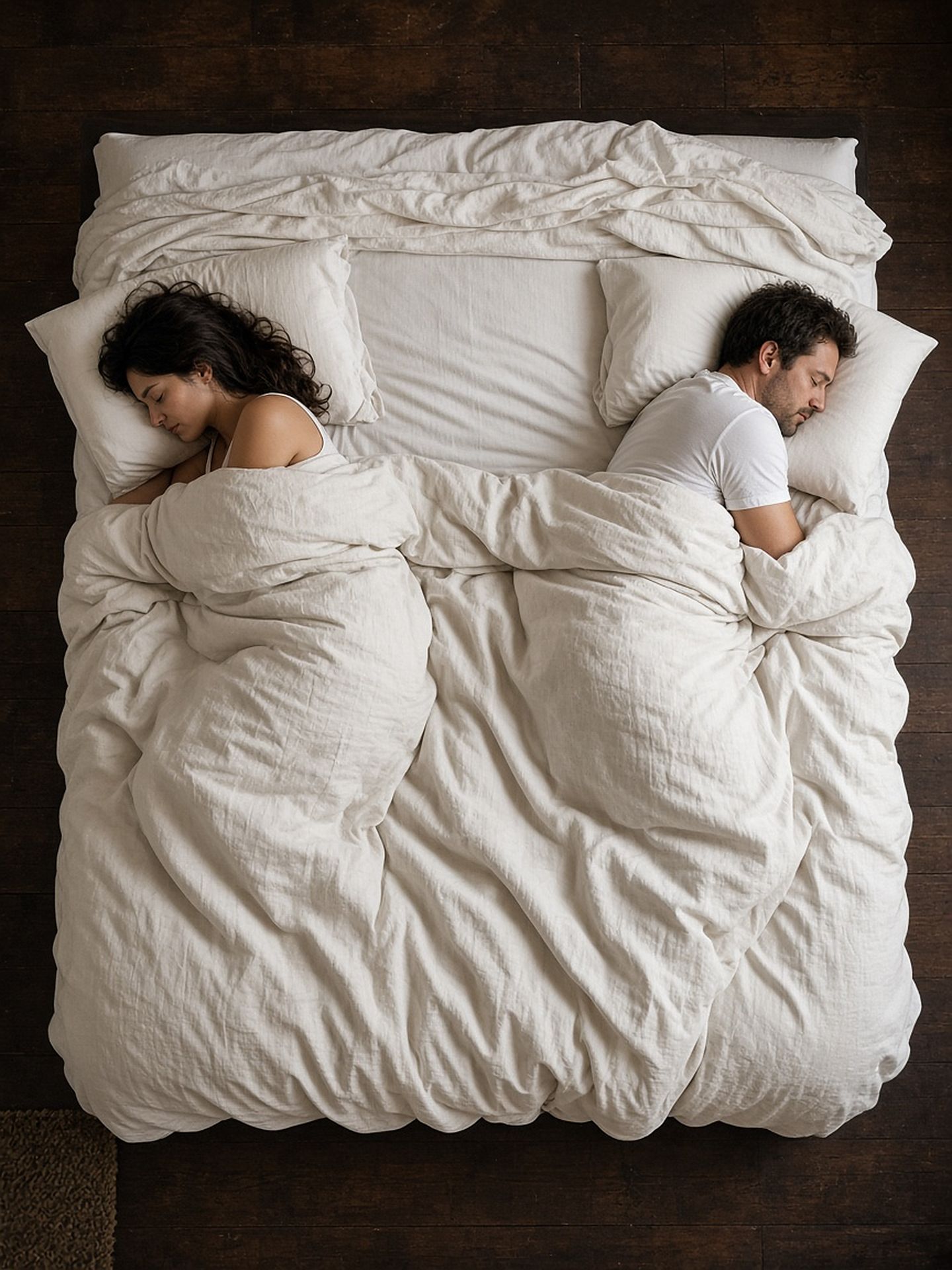 Two people asleep, each on their own side of the bed