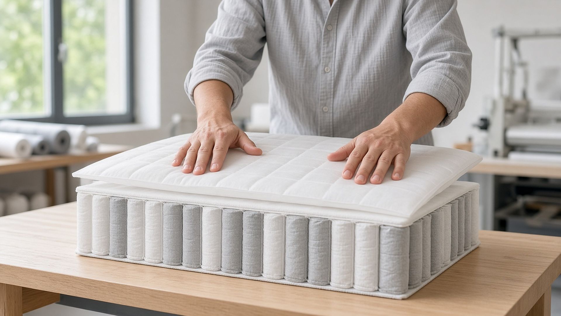 Hands fitting a comfort layer onto a pocket spring core in a workshop